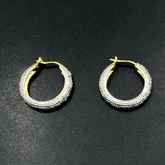 RT Sterling Silver Gold Plated Two Tone Diamond Chip Pave Round Hoop Earrings - Picture 2 of 8